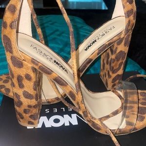 Like new. Fashion nova leopard heel clear toe strap